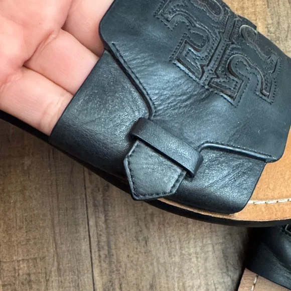 Tory Burch Black Leather Slide Sandals with Tan Footbed - Picture 10 of 13
